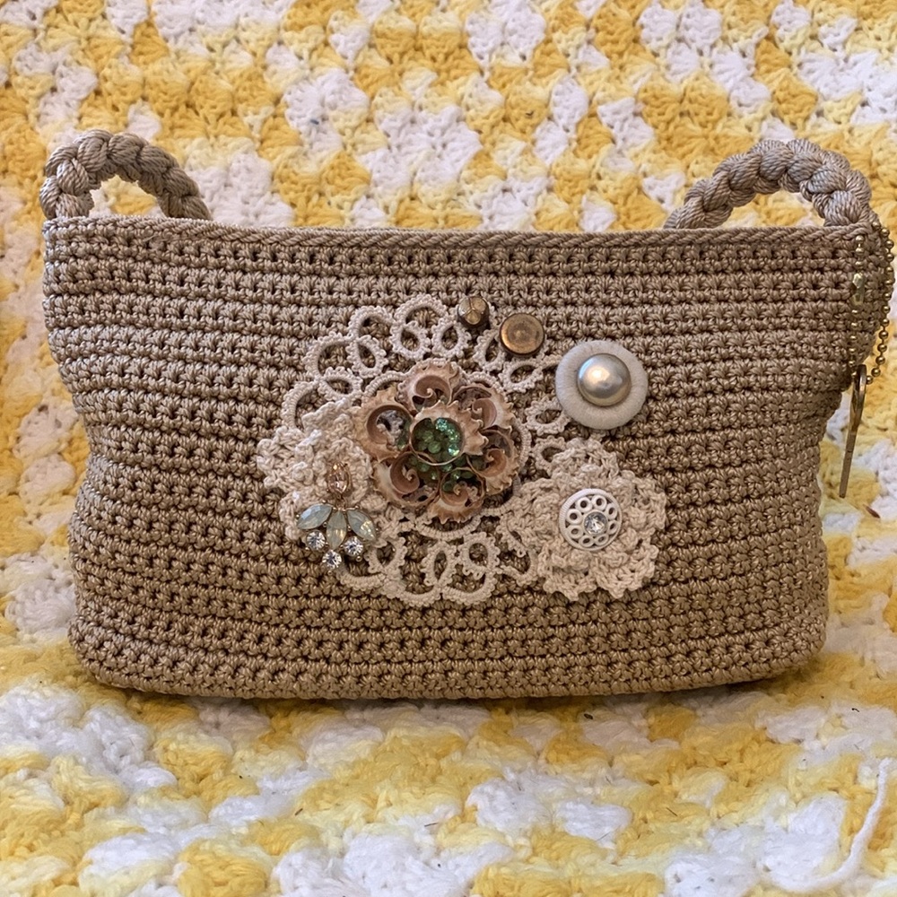 Upcycled The Sak Crochet Purse Embellished Vintage Pins Buttons  Handmade Y2K